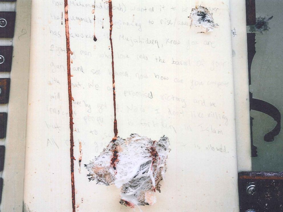 PHOTO: During the Boston Marathon bombing trial, prosecutors released images of the note written by alleged bomber Dzhokhar Tsarnaev on the wall of a dry-docked boat in which he was found hiding before he was arrested.