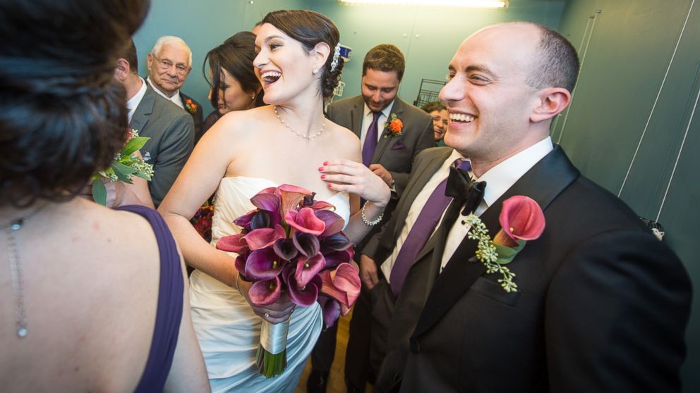 Liz Copeland and Harry Stein, along with their wedding party, were trapped in an elevator before the ceremony this weekend in Alexandria, Va., on Oct. 10, 2015.