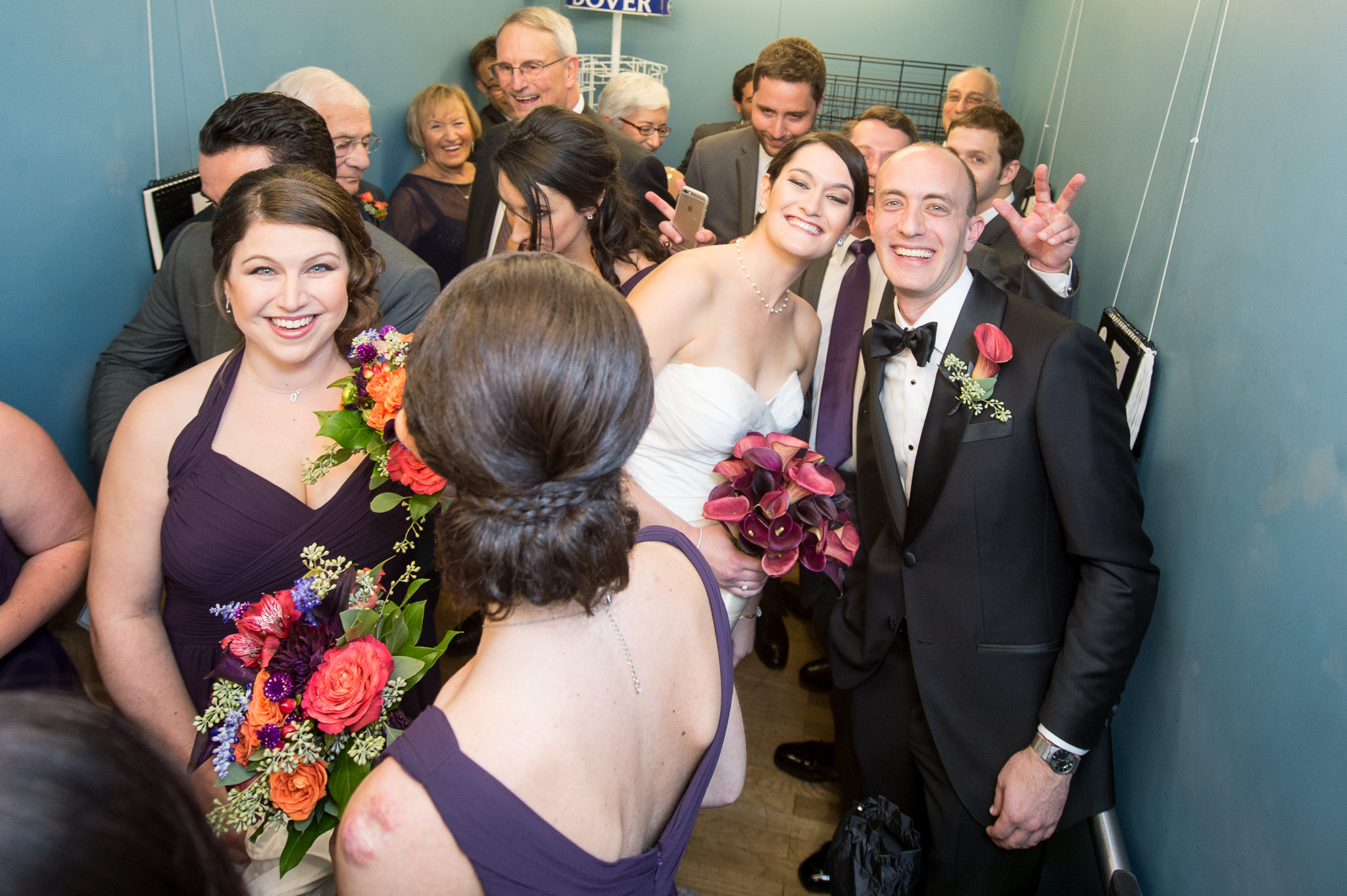 PHOTO: Liz Copeland and Harry Stein, along with their wedding party, were trapped in an elevator before the ceremony this weekend in Alexandria, Va., on Oct. 10, 2015.