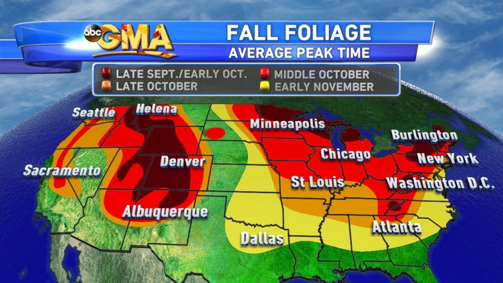 PHOTO: This map shows the average time when leaves reach their peak color change.