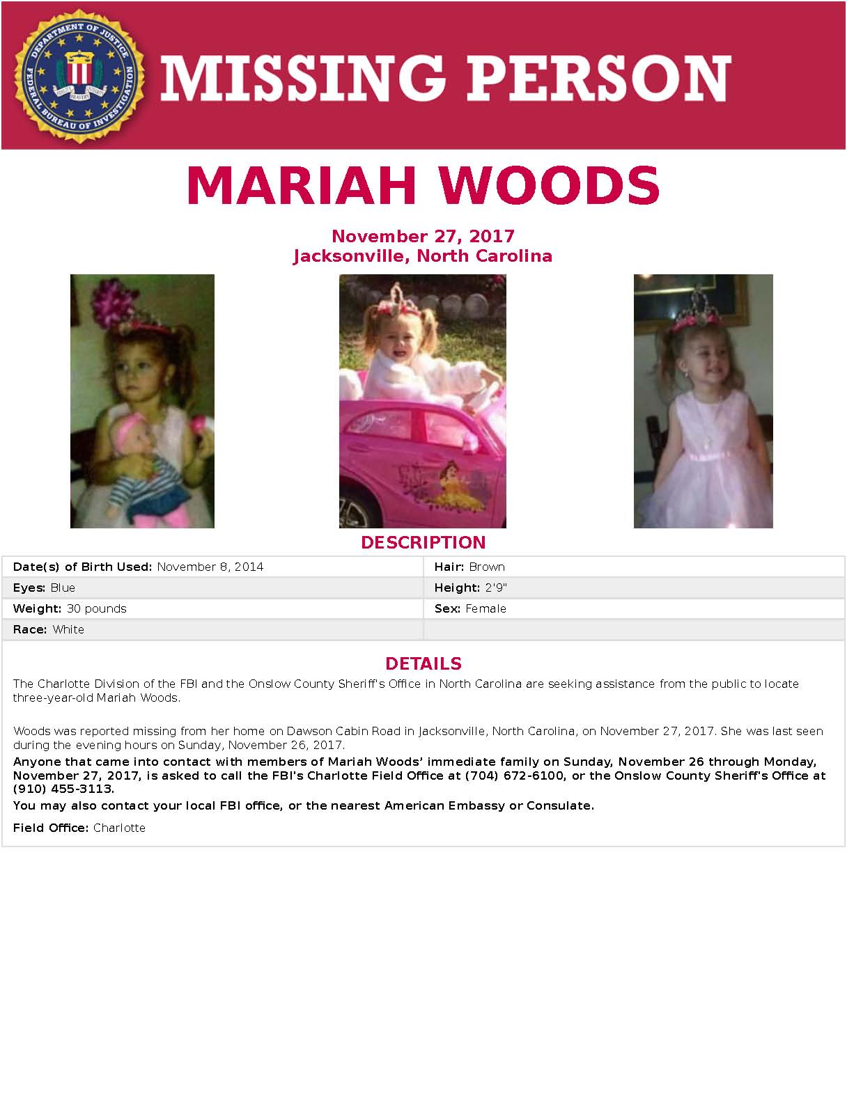 PHOTO: The FBI has been circulating this missing person poster for Mariah Woods.