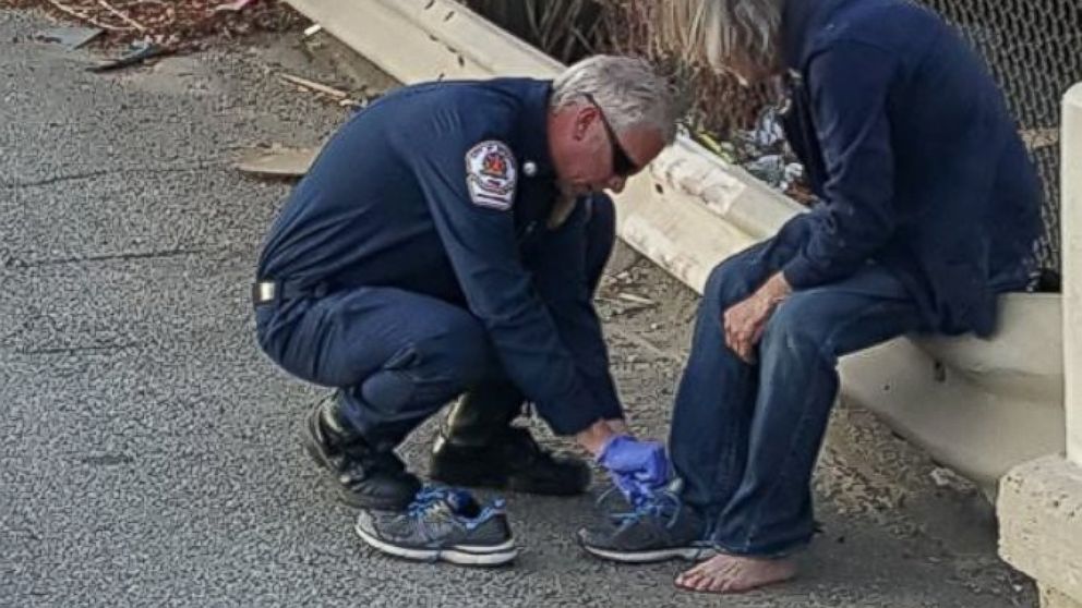 Firefighters in Riverside, Calif., were photographed stopping to give shoes to a barefoot homeless man.