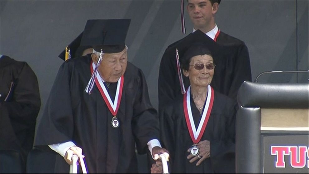 George and Miko Kaihara who survived life in an internment camp during WWII and finally received their high school degrees on June 18, 2015 at Tustin High School.