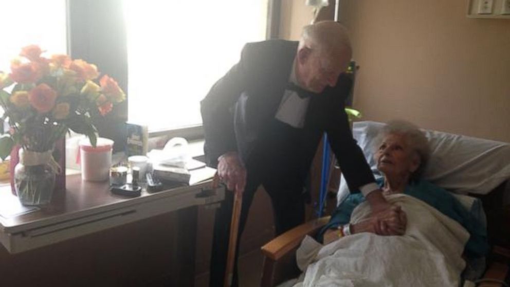 On their 57th anniversary, James "Jim" Russell showed up to his wife Elinor's hospital room wearing a tuxedo and carrying flowers and chocolate.