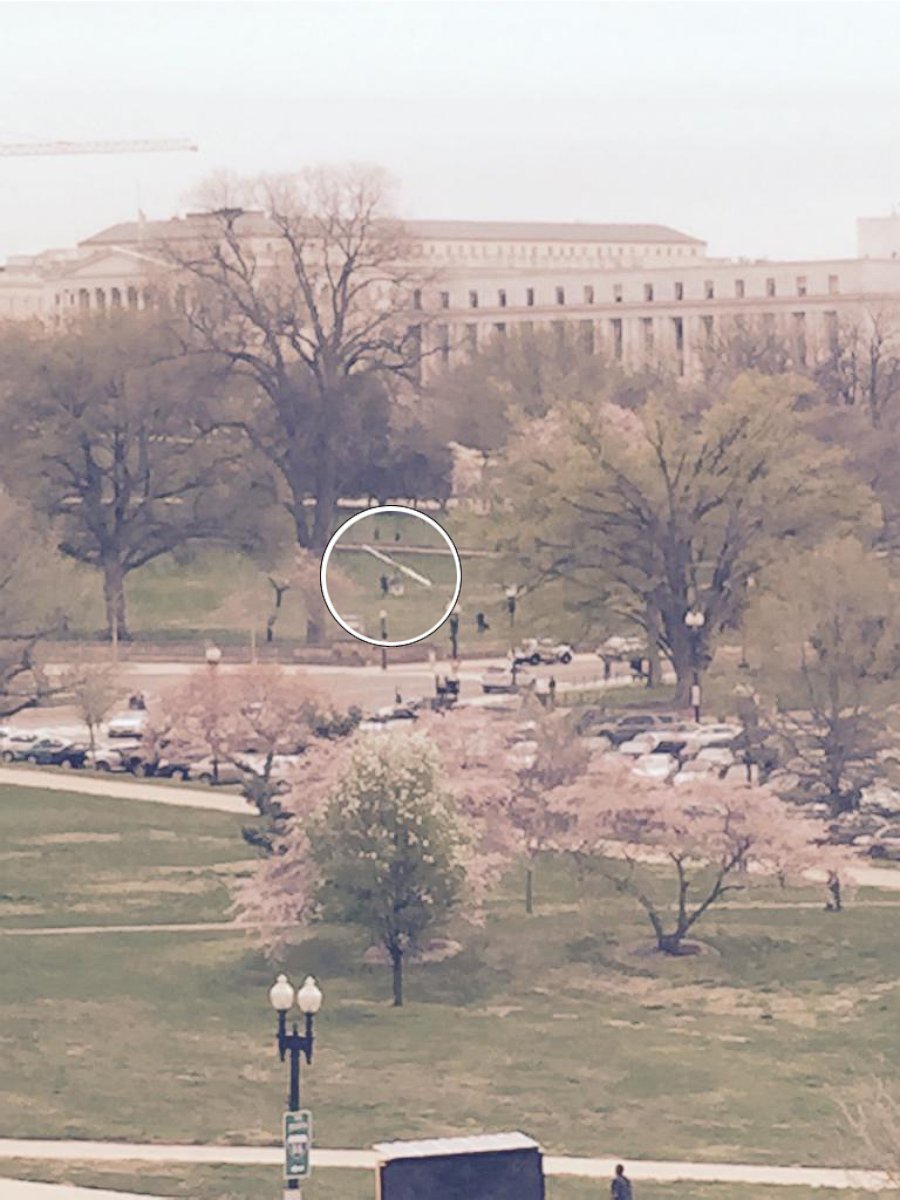 PHOTO: A photo posted to Twitter shows a gyrocopter (circled) which landed on the lawn of the US Capitol, leading to the arrest of the pilot, April 15, 2015. 