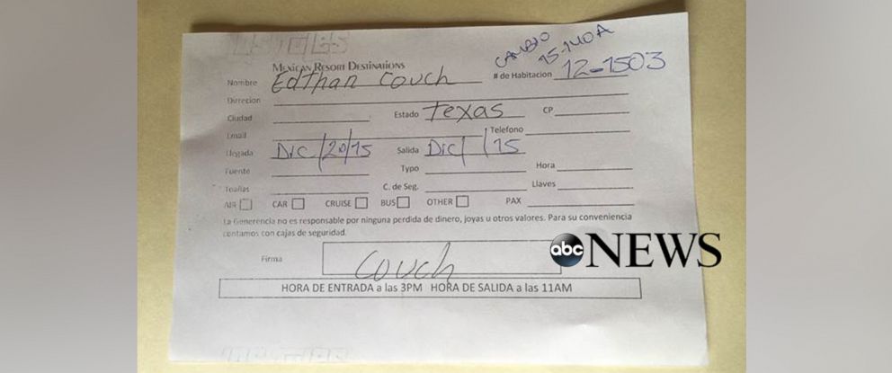 PHOTO: A photo provided to ABC News shows a hotel registration form that Los Tules resort employees say Ethan Couch partially completed in black ink.
