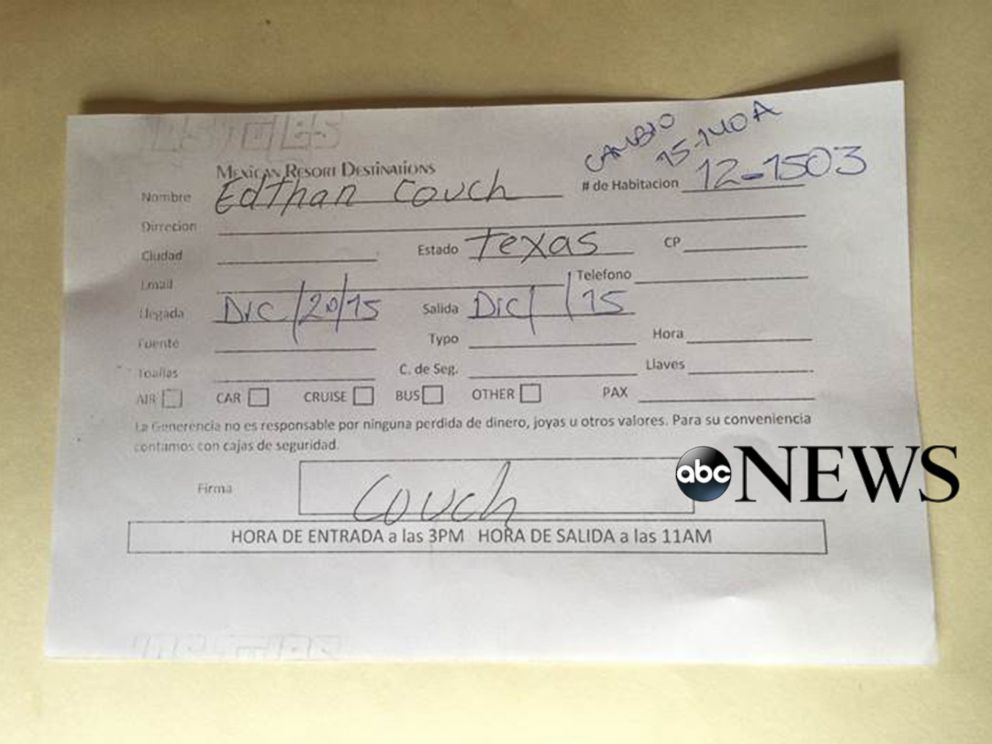 PHOTO: A photo provided to ABC News shows a hotel registration form that Los Tules resort employees say Ethan Couch partially completed in black ink.