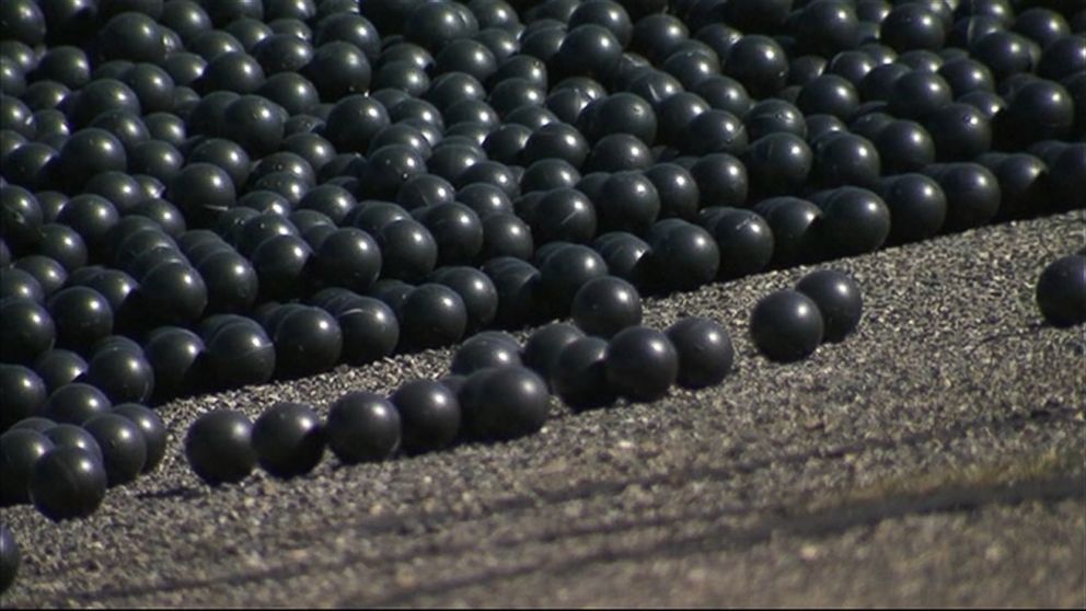 PHOTO: Plastic balls that provide shade to the water and prevent evaporation in the Los Angeles Reservoir were released on Aug. 10, 2015.