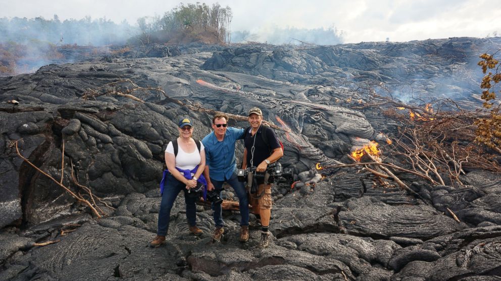 PHOTO:  The ABC News crew stands by the lava flow in Hawaii.