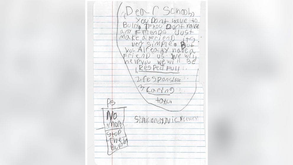 Eight-year-old Nicolas Neesley wrote a letter to his bullies after being picked on at his Michigan elementary school playground.