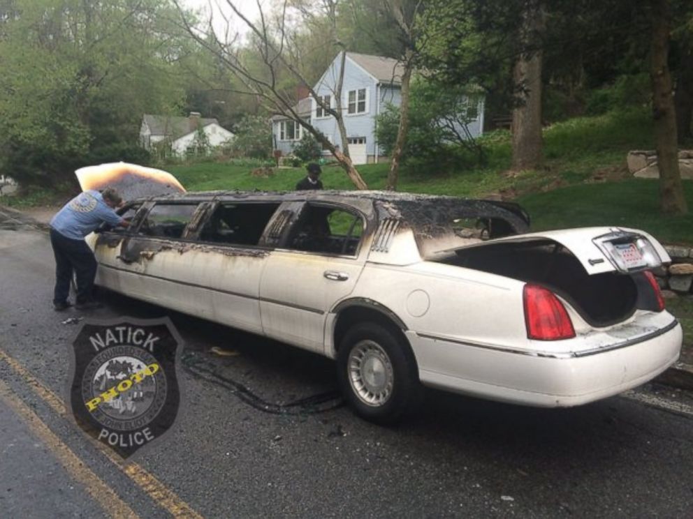 PHOTO: A limo that was occupied with students en route to their high school prom in Natick, Massachusetts, on May 14, 2016, caught on fire. Here, the aftermath of the fire.