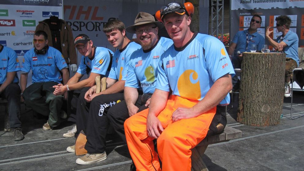 From R-L Branden Sirguy, Arden Cogar, Mathew Cogar, and Will Roberts wait to compete in the relay competition at the STIHL Timbersports World Championship in Austria in 2010.