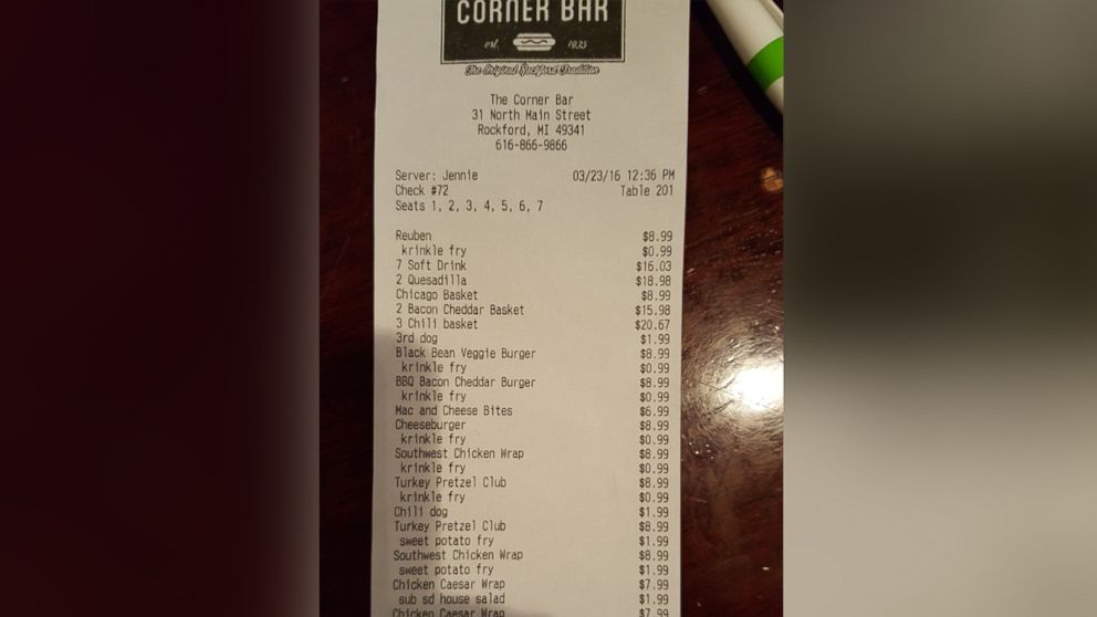 PHOTO: A man, who wished to remain anonymous, paid the bill for more than 30 National Guard troops on Wednesday, March 23, 2016. The man never released his identity to the troops and left before they could say thank you.
