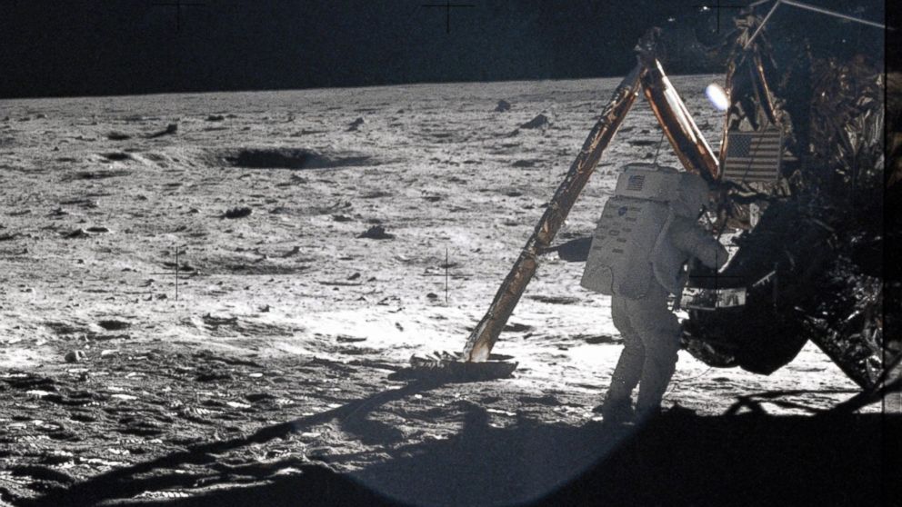 According to NASA, this frame from Buzz Aldrin's panorama of the Apollo 11 landing site is the only good picture of mission commander Neil Armstrong on the lunar surface.