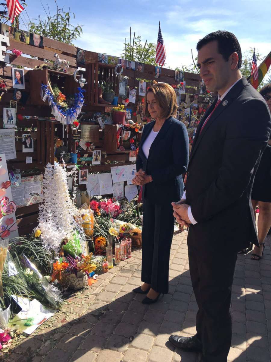 PHOTO: Rep. Ruben Kihuen, D-Nevada, and House Minority Leader Nancy Pelosi at the Las Vegas Community Healing Garden on October 17, 2017.