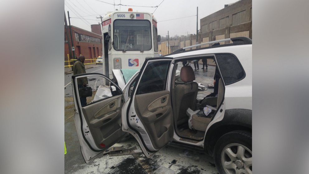 A SEPTA trolley in Philadelphia has collided with a vehicle causing injuries, Dec. 23, 2015. 