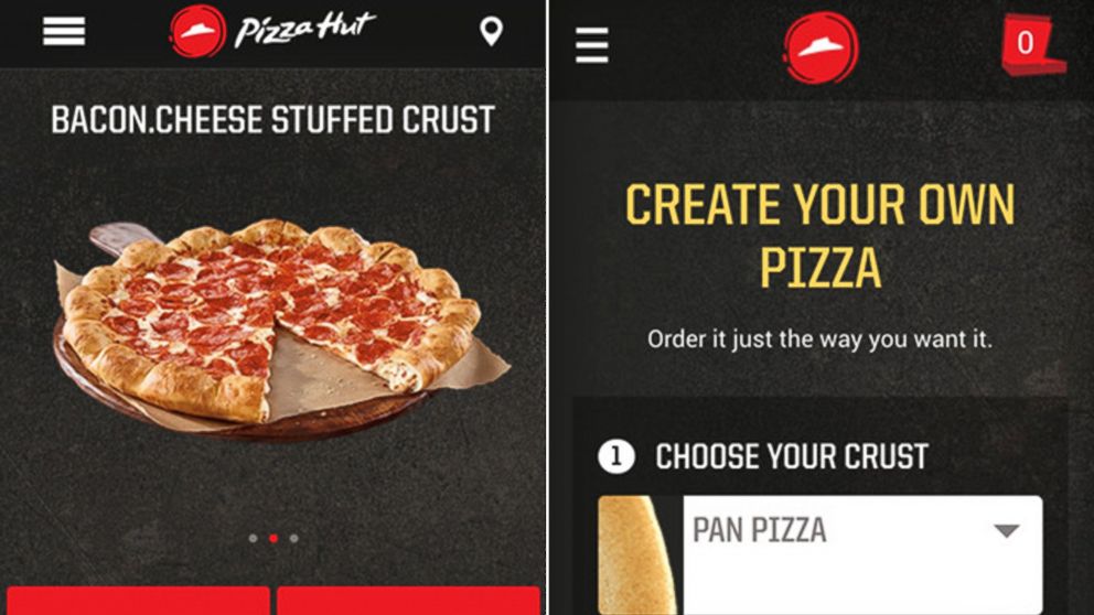 Screen grabs from the iTunes store show the Pizza Hut iPhone application.