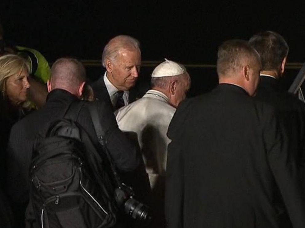PHOTO: Pope Francis and Joe Biden are pictured at the airport in Philadelphia, prior to the Popes departure, on Sept. 27, 2015.