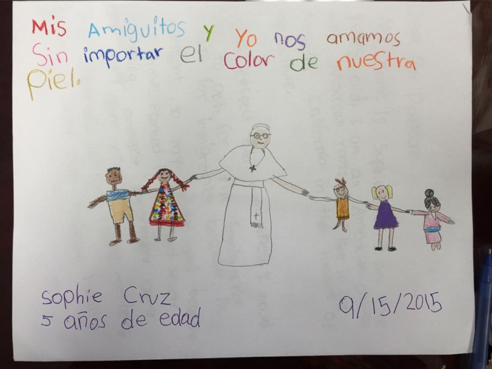 PHOTO: Five-year-old Sophia Cruz wrote a letter to Pope Francis, which she gave to him when he blessed her during his papal visit to Washington, Sept. 23, 2015.