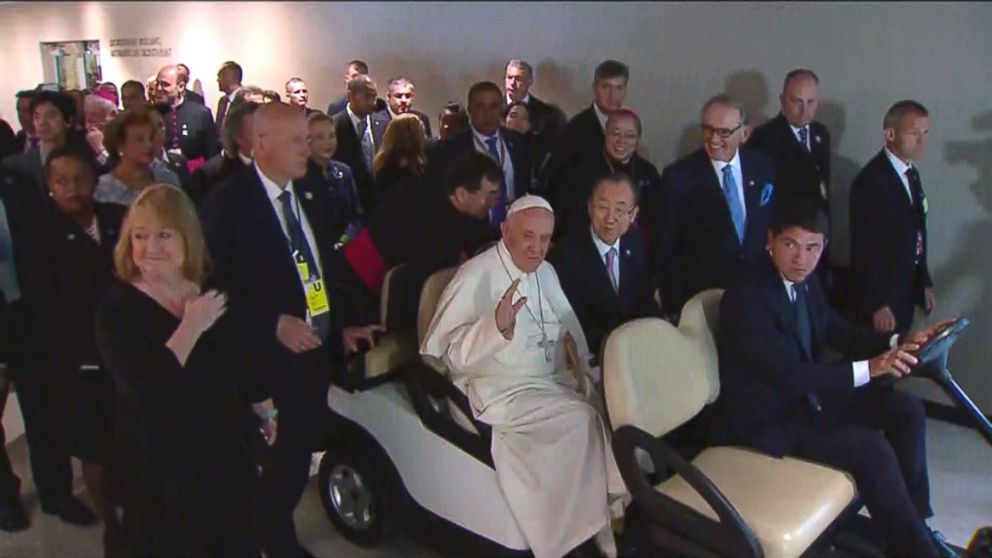 The UN Spokesperson twitter account released this image of Pope Francis riding a cart in the United Nations.