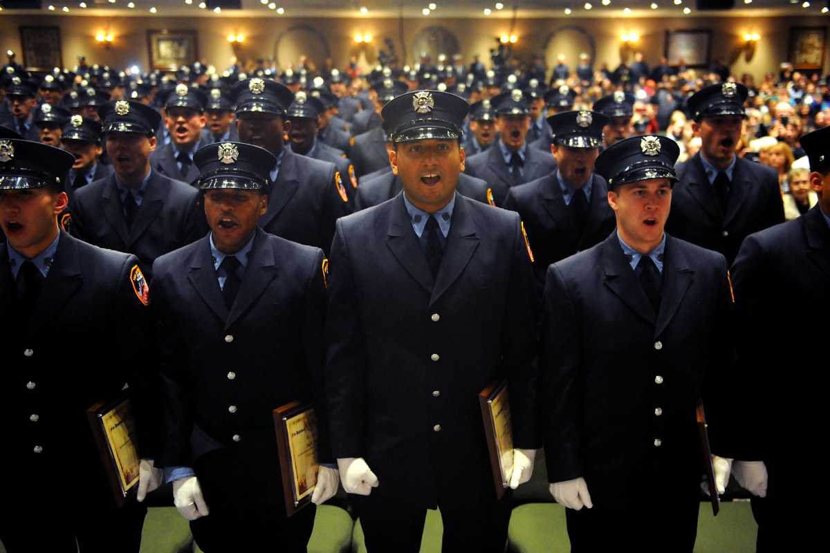 PHOTO: Firefighters give the "Count on Deck" at the New York City Fire Department's Probationary Firefighter Graduation ceremony at the Christian Cultural Center in Brooklyn on Nov. 18, 2014.