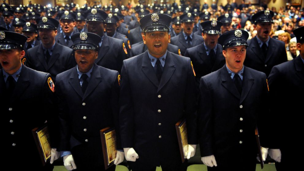 PHOTO: Firefighters give the "Count on Deck" at the New York City Fire Department's Probationary Firefighter Graduation ceremony at the Christian Cultural Center in Brooklyn on Nov. 18, 2014.