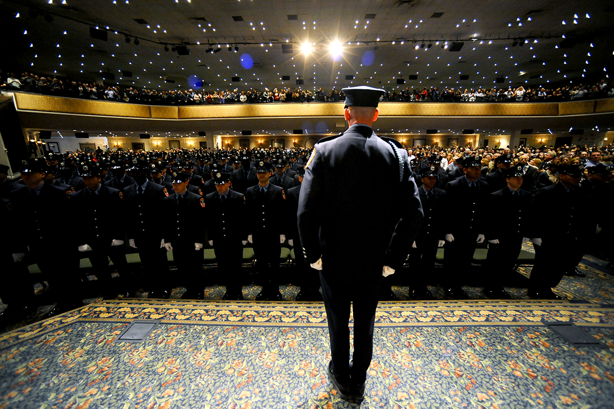 PHOTO: A drill instructor presents the class at the New York City Fire Department's Probationary Firefighter Graduation ceremony at the Christian Cultural Center in Brooklyn on Nov. 18, 2014.