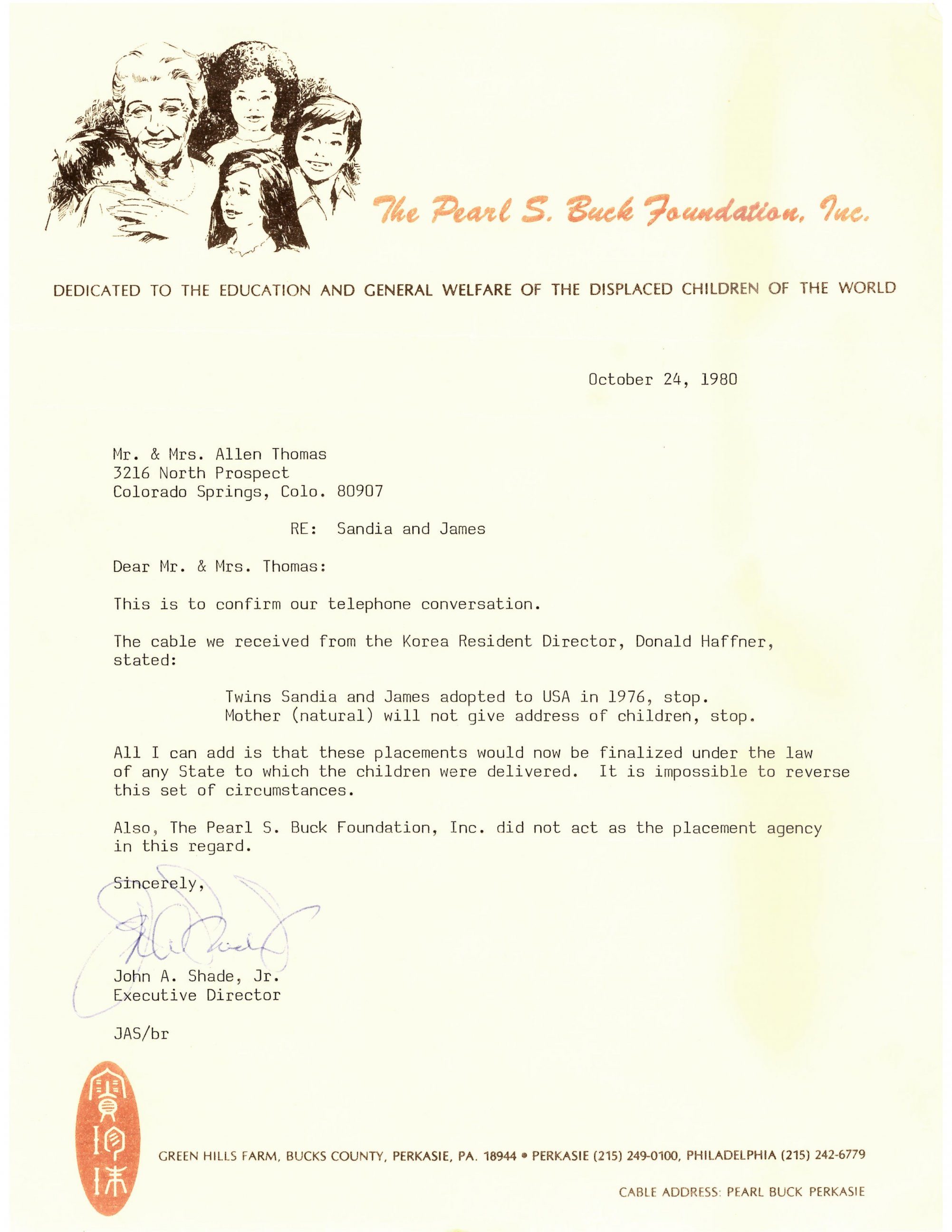 PHOTO: Allen Thomas received this letter from the Pearl S. Buck Foundation, which confirmed that Thomas' his twins were adopted into the United States in 1976.