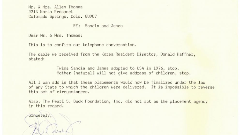 PHOTO: Allen Thomas received this letter from the Pearl S. Buck Foundation, which confirmed that Thomas' his twins were adopted into the United States in 1976.