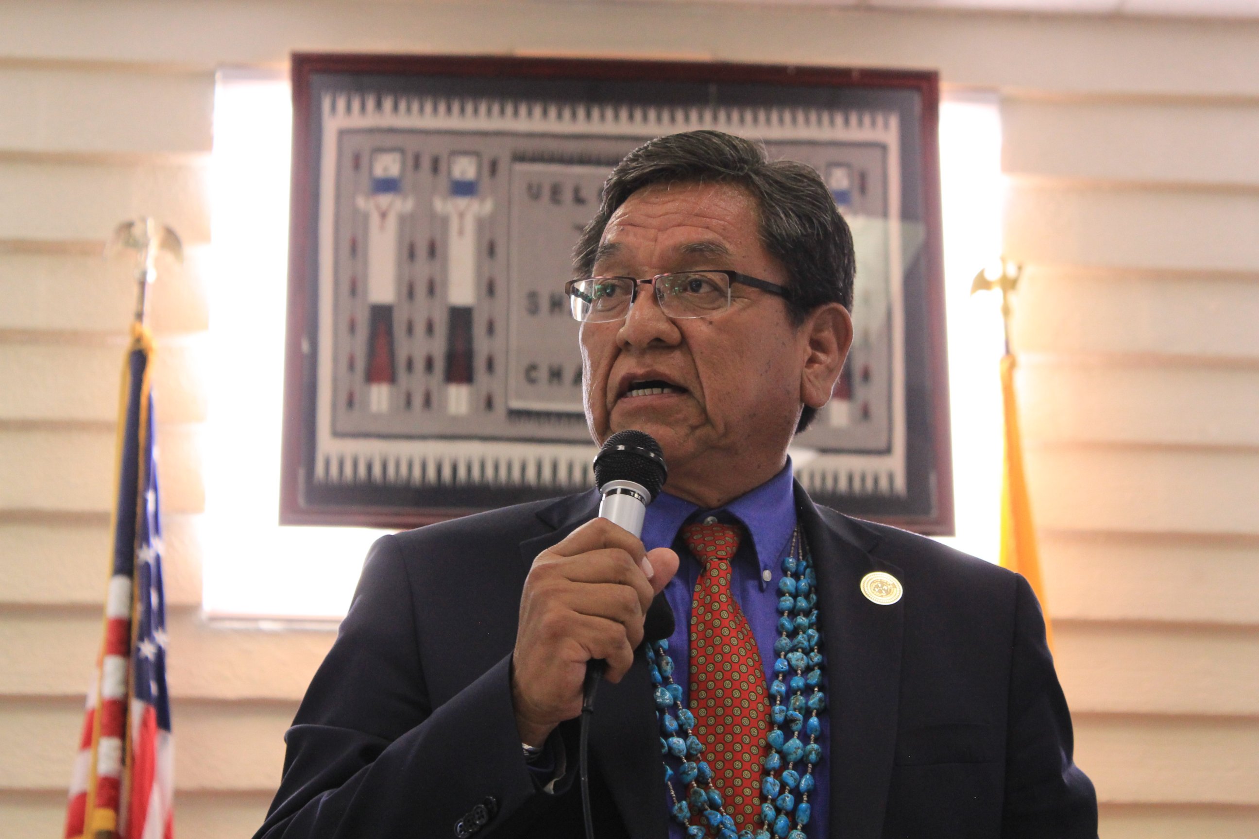 PHOTO: Navajo Nation President Russell Begaye makes an announcement on Aug. 8, 2015 about the Navajo Nation response to the release of mine waste into the Animas River which has impacted the Navajo Nation water supply.