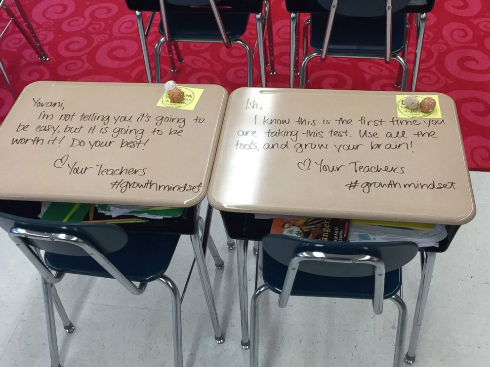 PHOTO: Mrs. Chandni Langford at Evergreen Avenue Elementary in Woodbury, New Jersey, recently wrote inspiring messages on her 5th grade students' desks to help encourage them before they took their exams. 