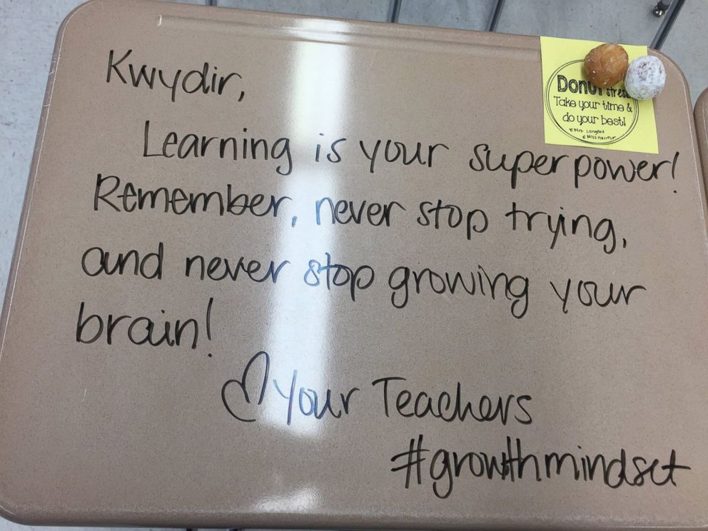 PHOTO: Mrs. Chandni Langford at Evergreen Avenue Elementary in Woodbury, New Jersey, recently wrote inspiring messages on her 5th grade students' desks to help encourage them before they took their exams. 