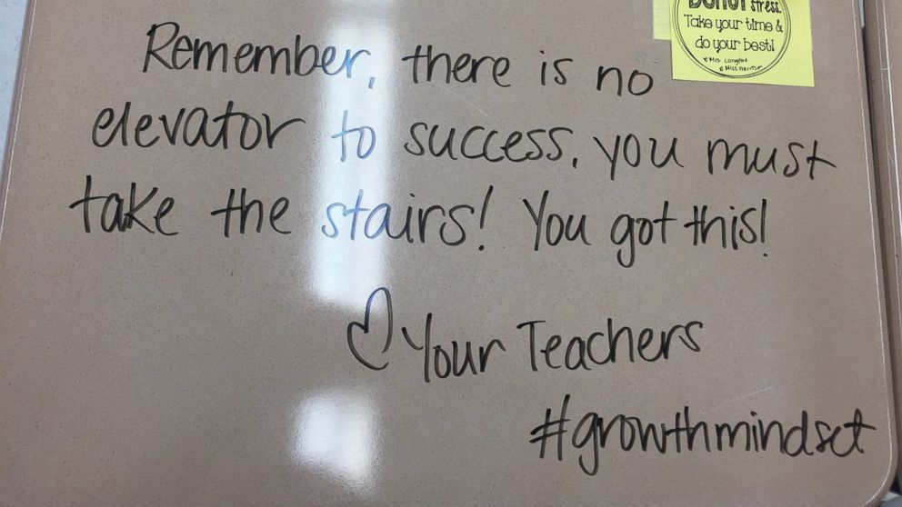 Mrs. Chandni Langford at Evergreen Avenue Elementary in Woodbury, New Jersey, recently wrote inspiring messages on her 5th grade students' desks to help encourage them before they took their exams. 