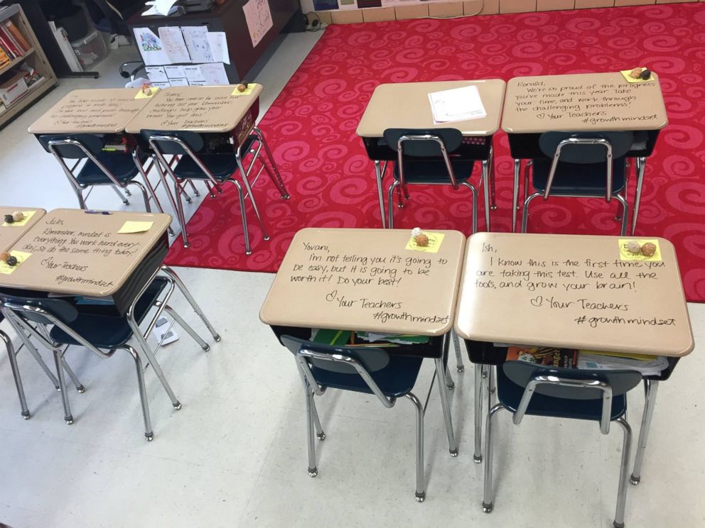 PHOTO: Mrs. Chandni Langford at Evergreen Avenue Elementary in Woodbury, New Jersey, recently wrote inspiring messages on her 5th grade students' desks to help encourage them before they took their exams. 