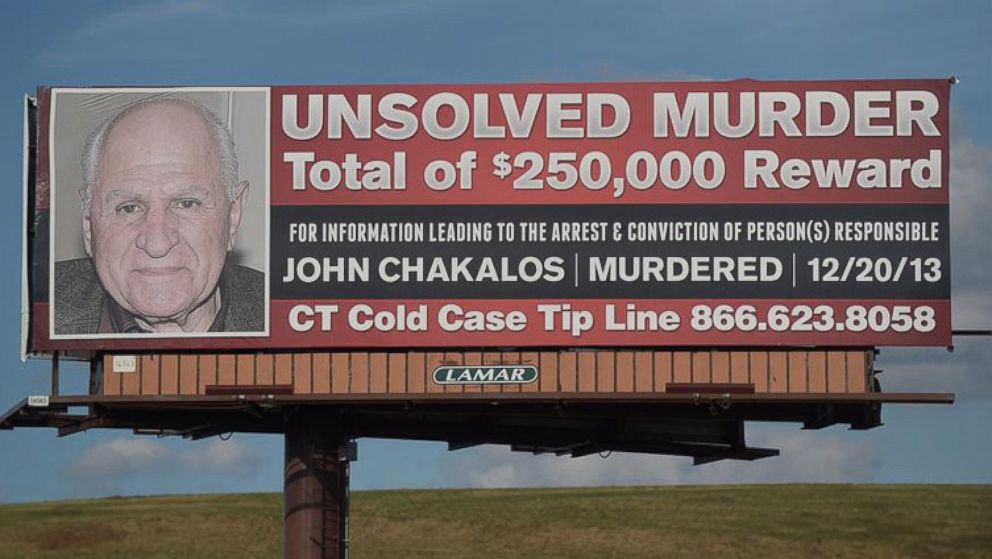 PHOTO: A billboard on Interstate 91 in Connecticut says there is a $250,000 reward for any information leading to arrest and conviction of person(s) responsible for the December 2013 murder of John Chakalos.