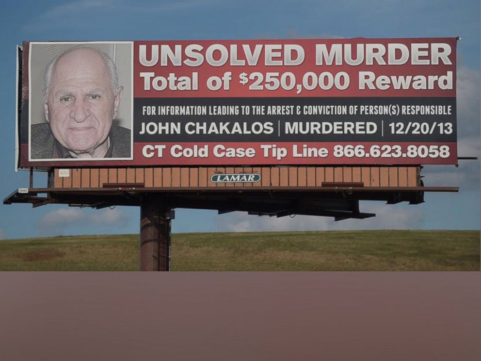 PHOTO: A billboard on Interstate 91 in Connecticut says there is a $250,000 reward for any information leading to arrest and conviction of person(s) responsible for the December 2013 murder of John Chakalos.