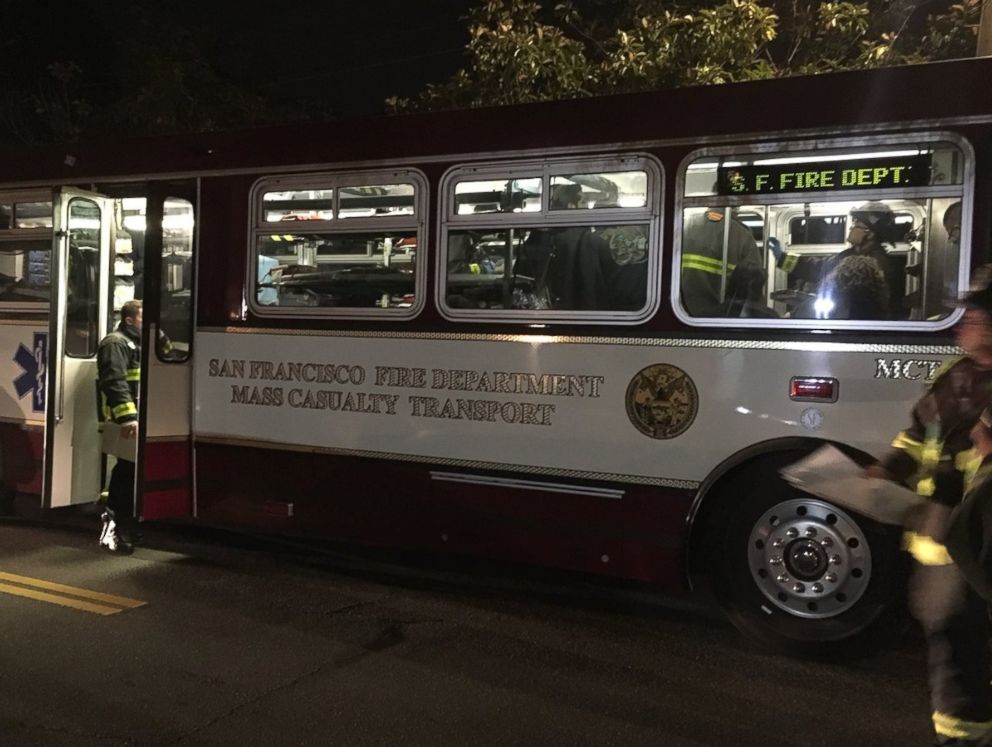 PHOTO: A San Francisco Fire Department Mass Causality Transport bus at the scene of a bus accident in San Francisco on December 8, 2017.