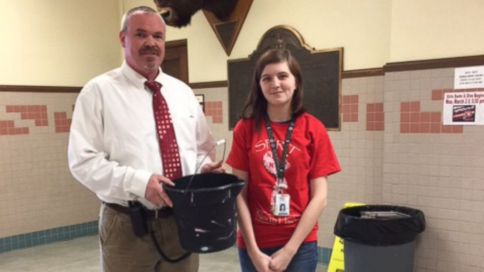 PHOTO: North High School principal Sherman Padgett's bucketful of praise from his students was the brainchild of senior Emily Jones.
