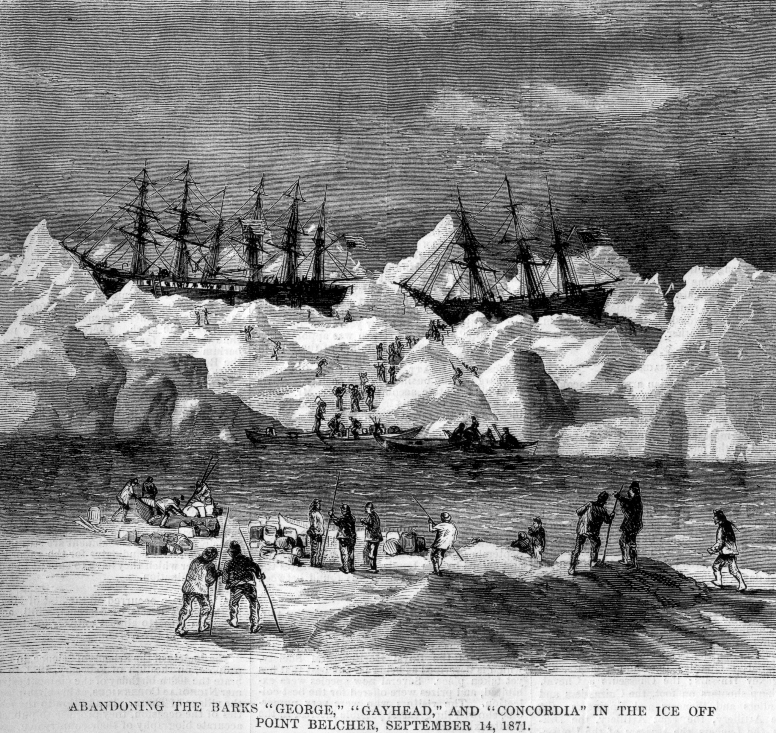 PHOTO: Abandonment of the whalers in the Arctic Ocean, September 1871, including the George, Gayhead, and Concordia. Scanned from the original Harper's Weekly 1871.
