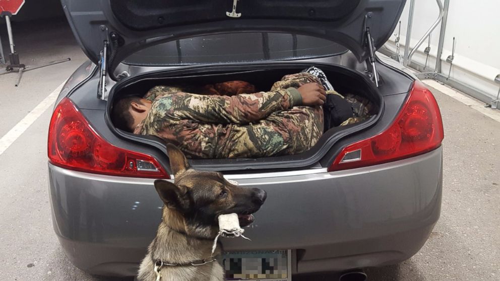 Border Patrol agents and their K9 found these two Mexican nationals being smuggled into the U.S. in the trunk of this vehicle in Arizona on September 1, 2017.