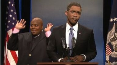 PHOTO: Saturday Night Live parodies the interpreter Thamsanqa Jantjie from Nelson Mandelas funeral, Dec. 14, 2013.
