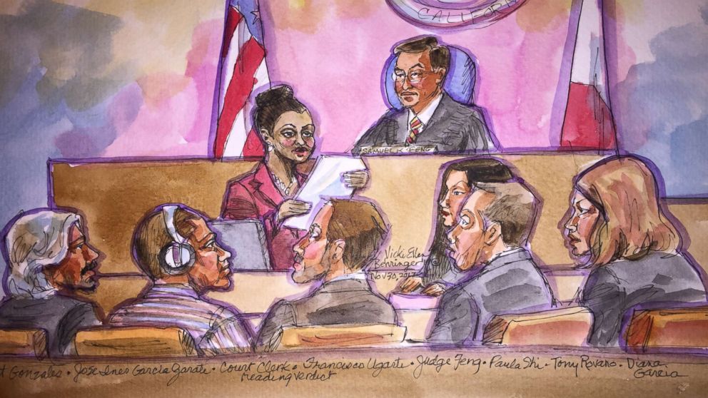 A courtroom sketch of Garcia Zarate, second from left, listening to the verdict being read in San Francisco on Nov. 29, 2017.