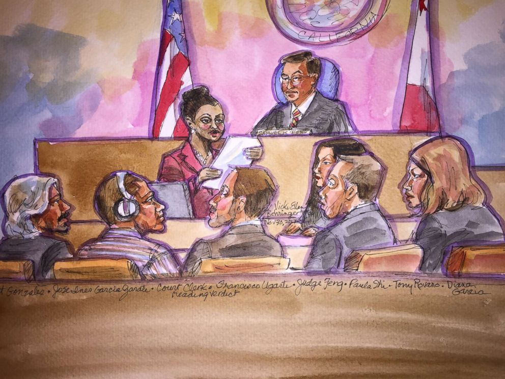 PHOTO: A courtroom sketch of Garcia Zarate, second from left, listening to the verdict being read in San Francisco on Nov. 29, 2017.