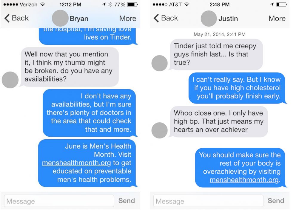 PHOTO: Conversations between nurse Nicole and unsuspecting Tinder users. 