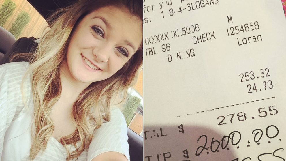 College student and part-time waitress Loran Lopez was shocked to receive a $2,000 tip at Logan's Roadhouse in Fort Smith, Ark.