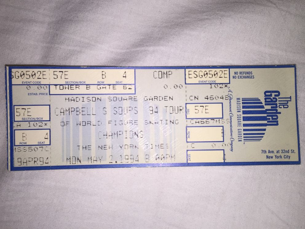 PHOTO: The collection of the Tonya Harding and Nancy Kerrigan Museum 1994 includes this ticket to the Campbell's Soups 1994 Tour of World Figure Skating Champions at Madison Square Garden in New York City on May 2, 1994.