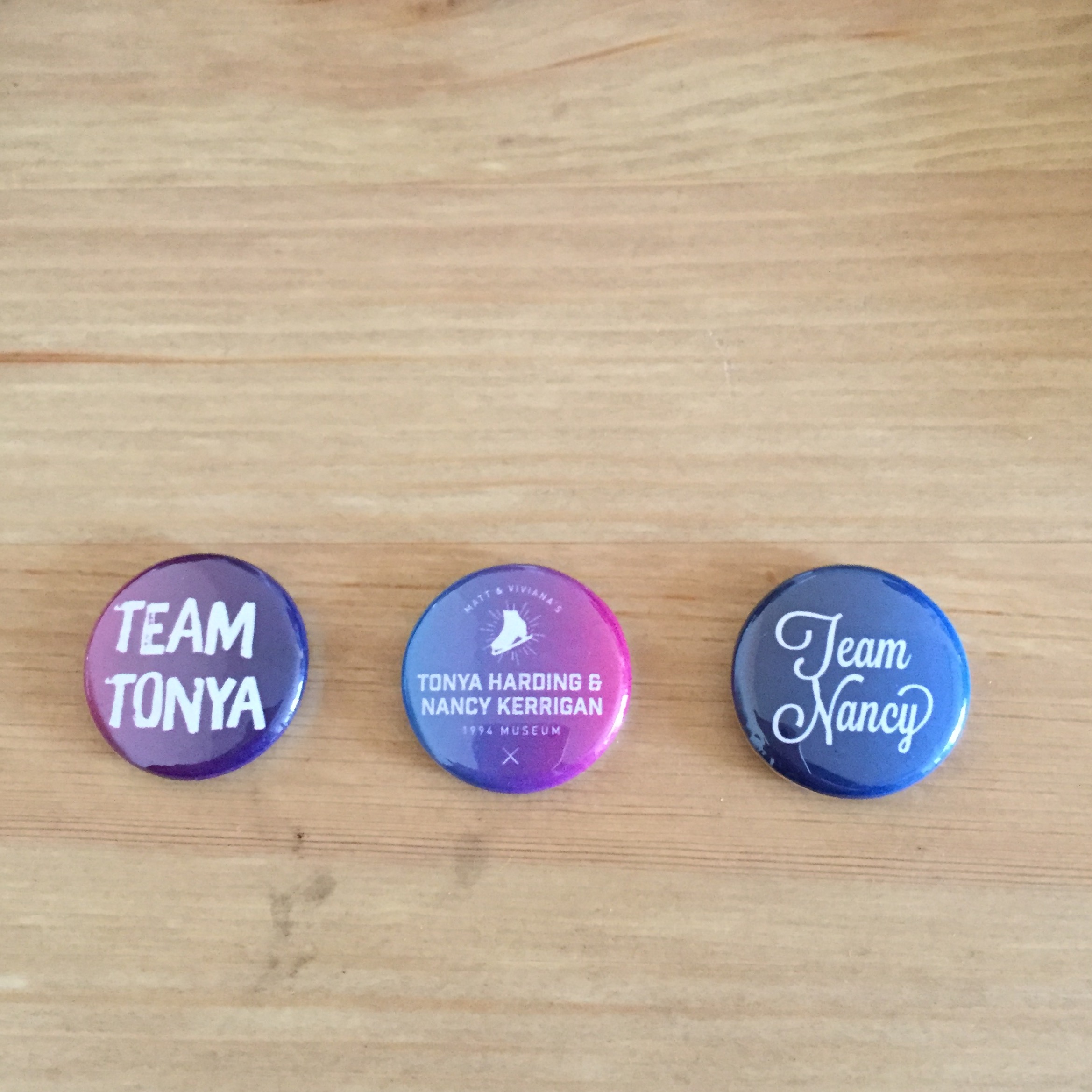 PHOTO: A set of buttons were created to promote the Tonya Harding and Nancy Kerrigan Museum 1994.