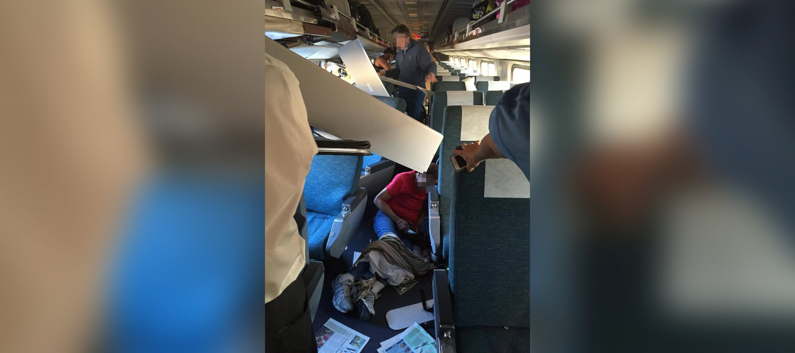 PHOTO: A photo shared by a passenger shows the situation inside the Amtrak Palmetto Train 89 after it derailed on April 3, 2016 in Chester, Pennsylvania.