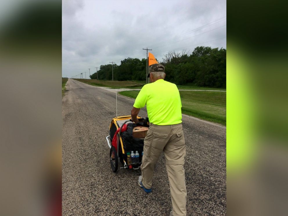 PHOTO: Dean Troutman, 84, walked 700 miles from April 21, 2015 to July 5, 2015 to raise money for a children's playground in a park he had built to memorialize his late wife. 