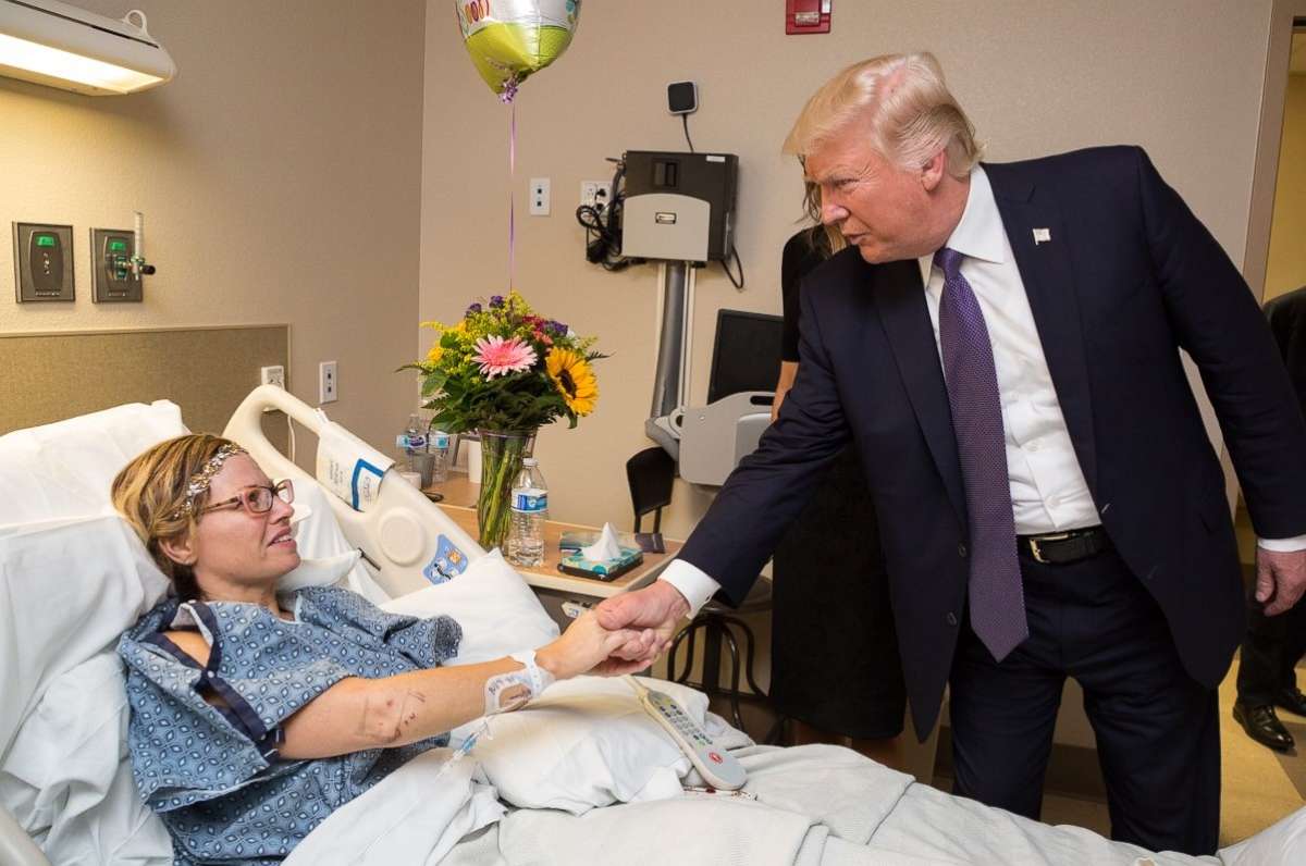 PHOTO: President Donald J. Trump and First Lady Melania Trump visit with patient Natalie Vanderstay of Santa Clara, Calif., October 4, 2017, at the University Medical Center of Southern Nevada in Las Vegas.